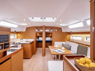 Salon of Mare Mia, a Jeanneau Sun Odyssey 490 sailboat at Marpissa, Greece