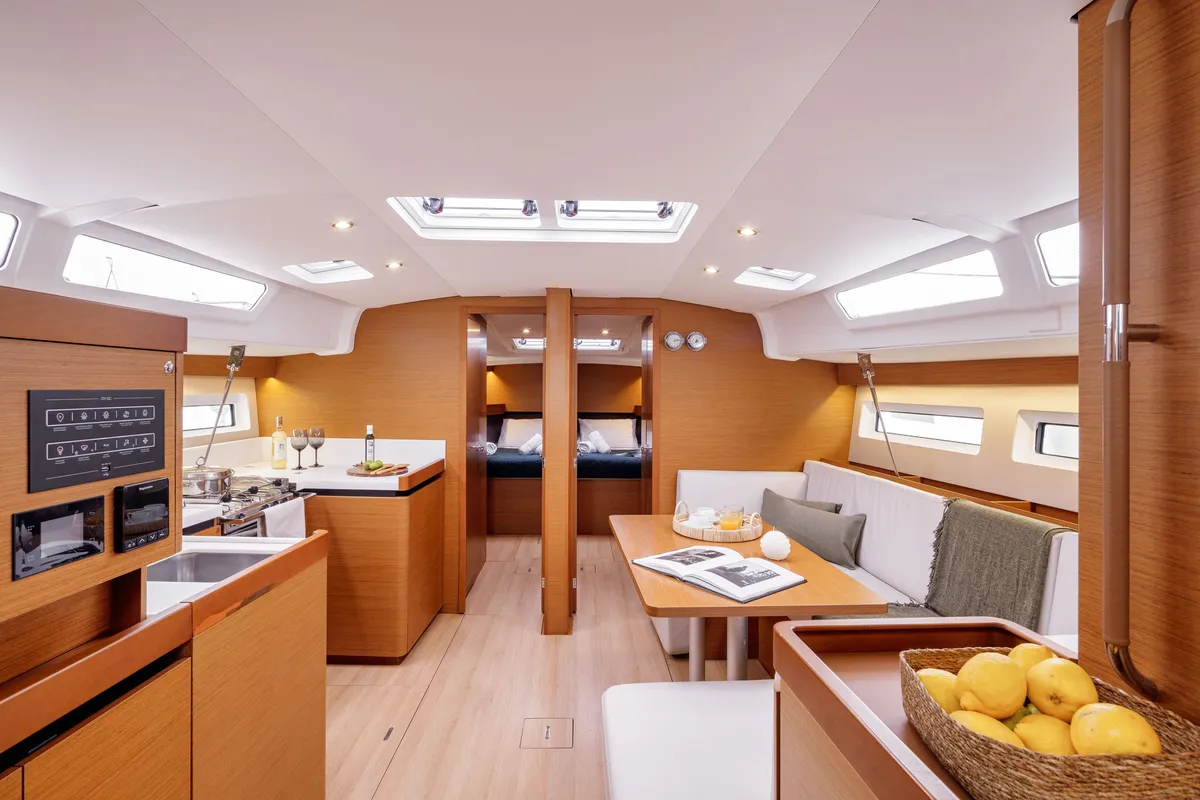 Salon of Mare Mia, a Jeanneau Sun Odyssey 490 sailboat at Marpissa, Greece