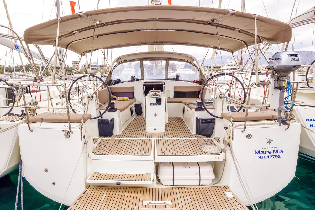 Cockpit of Mare Mia, a Jeanneau Sun Odyssey 490 sailboat at Marpissa, Greece