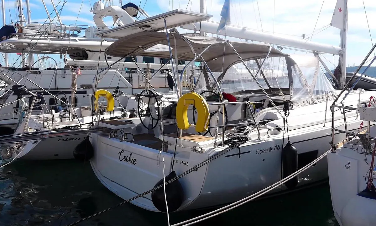 Exterior view of Cookie, a Beneteau Oceanis 46.1 sailboat at Preveza, Greece