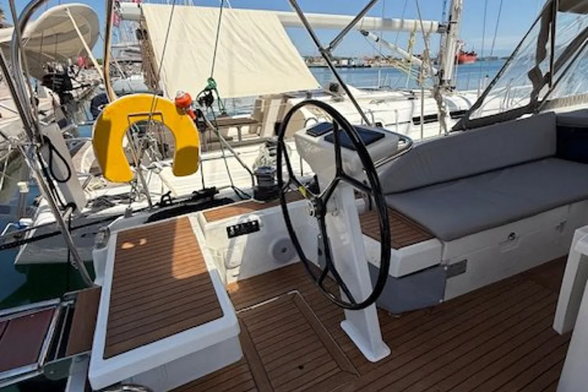 Cockpit of Cookie, a Beneteau Oceanis 46.1 sailboat at Preveza, Greece