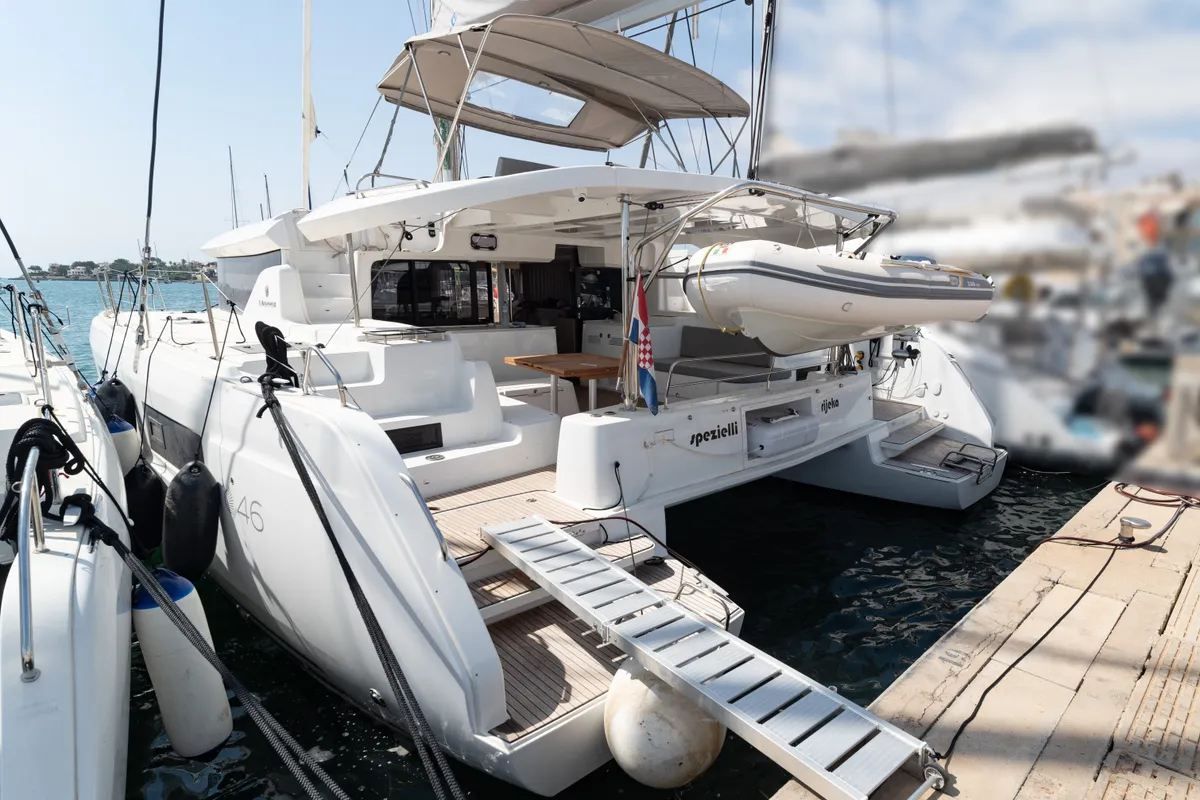 Exterior view of Spezielli, a Lagoon 46 catamaran at Felanitx, Spain