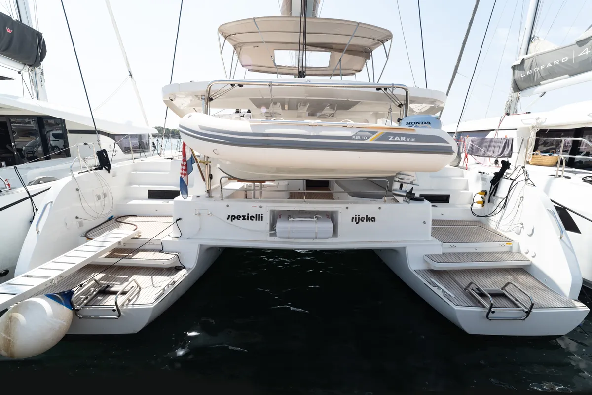 Exterior view of Spezielli, a Lagoon 46 catamaran at Felanitx, Spain