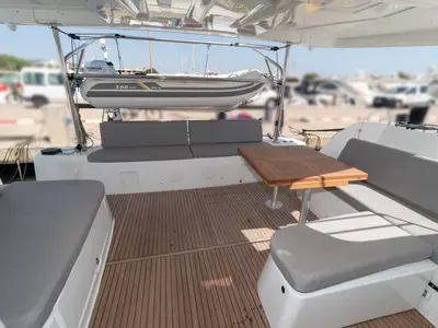 Deck of Spezielli, a Lagoon 46 catamaran at Felanitx, Spain