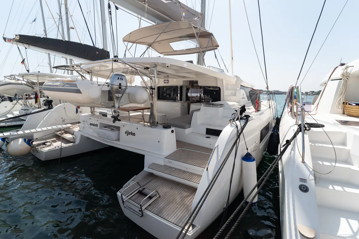 Exterior view of Spezielli, a Lagoon 46 catamaran at Felanitx, Spain