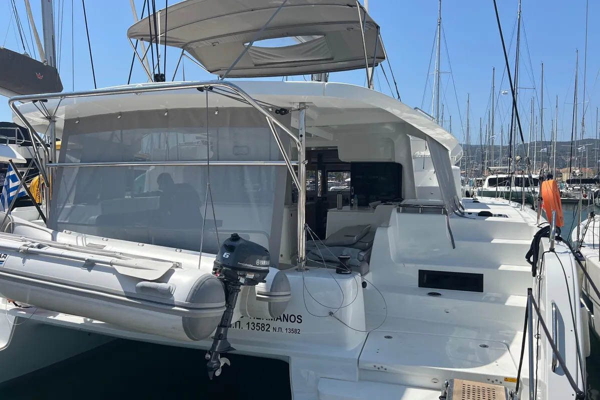 Exterior view of Dos Hermanos, a Lagoon 46 catamaran at Municipal Unit of Lefkada, Greece