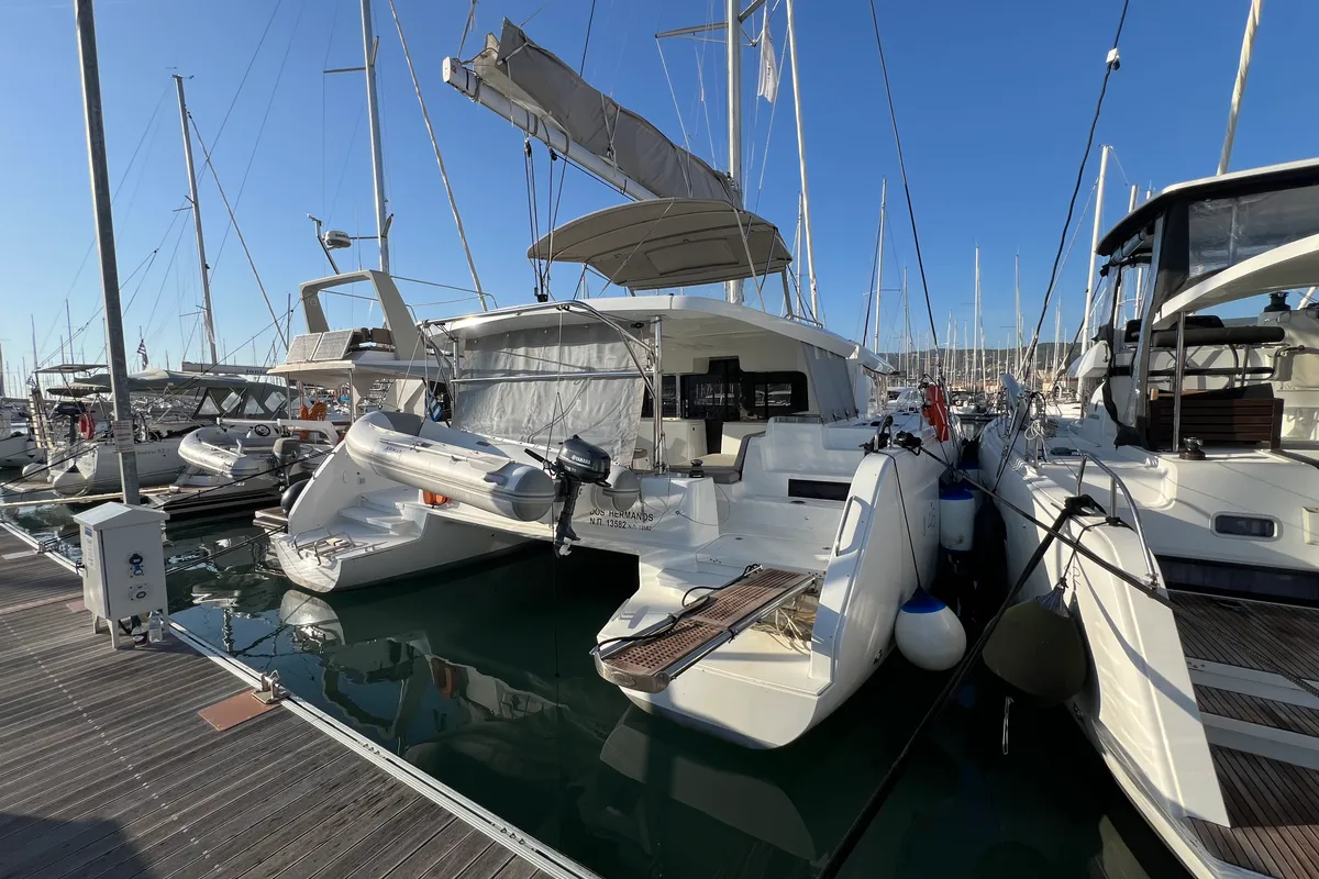 Exterior view of Dos Hermanos, a Lagoon 46 catamaran at Municipal Unit of Lefkada, Greece