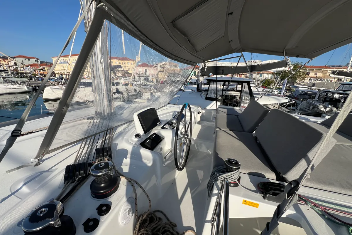 Cockpit of Dos Hermanos, a Lagoon 46 catamaran at Municipal Unit of Lefkada, Greece