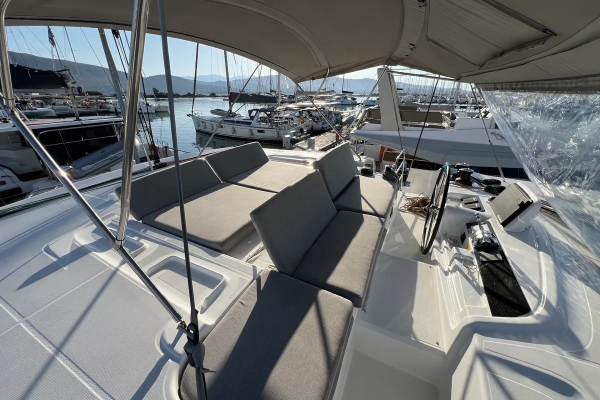 Cockpit of Dos Hermanos, a Lagoon 46 catamaran at Municipal Unit of Lefkada, Greece