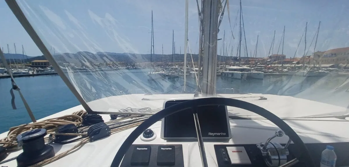 Cockpit of Dos Hermanos, a Lagoon 46 catamaran at Municipal Unit of Lefkada, Greece