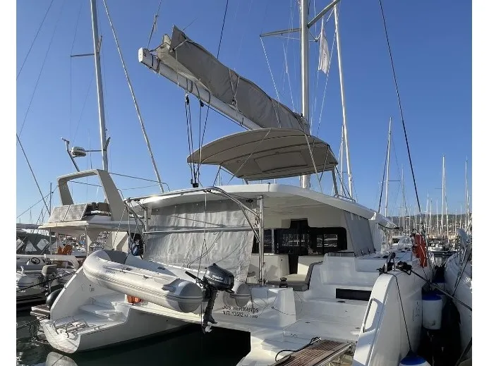 Exterior view of Dos Hermanos, a Lagoon 46 catamaran at Municipal Unit of Lefkada, Greece