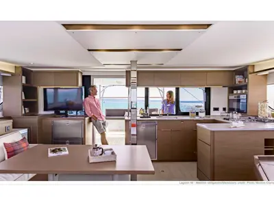 Salon of Dos Hermanos, a Lagoon 46 catamaran at Municipal Unit of Lefkada, Greece