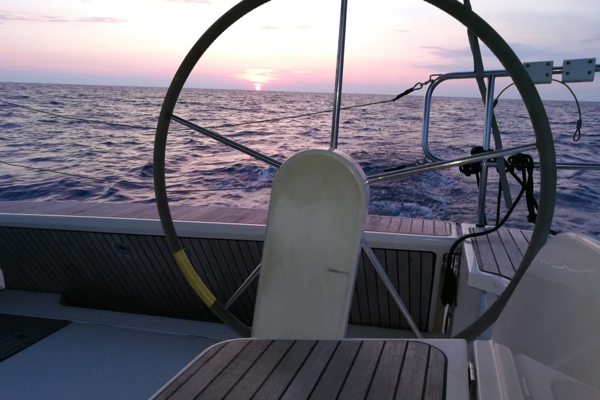 Cockpit of Blue Moon, a Bavaria Cruiser 46 sailboat at Agropoli, Italy
