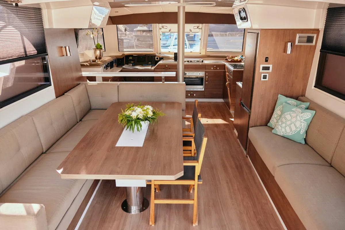 Salon of Ediba Aries, a Bali Catspace catamaran at Marmaris, Turkey