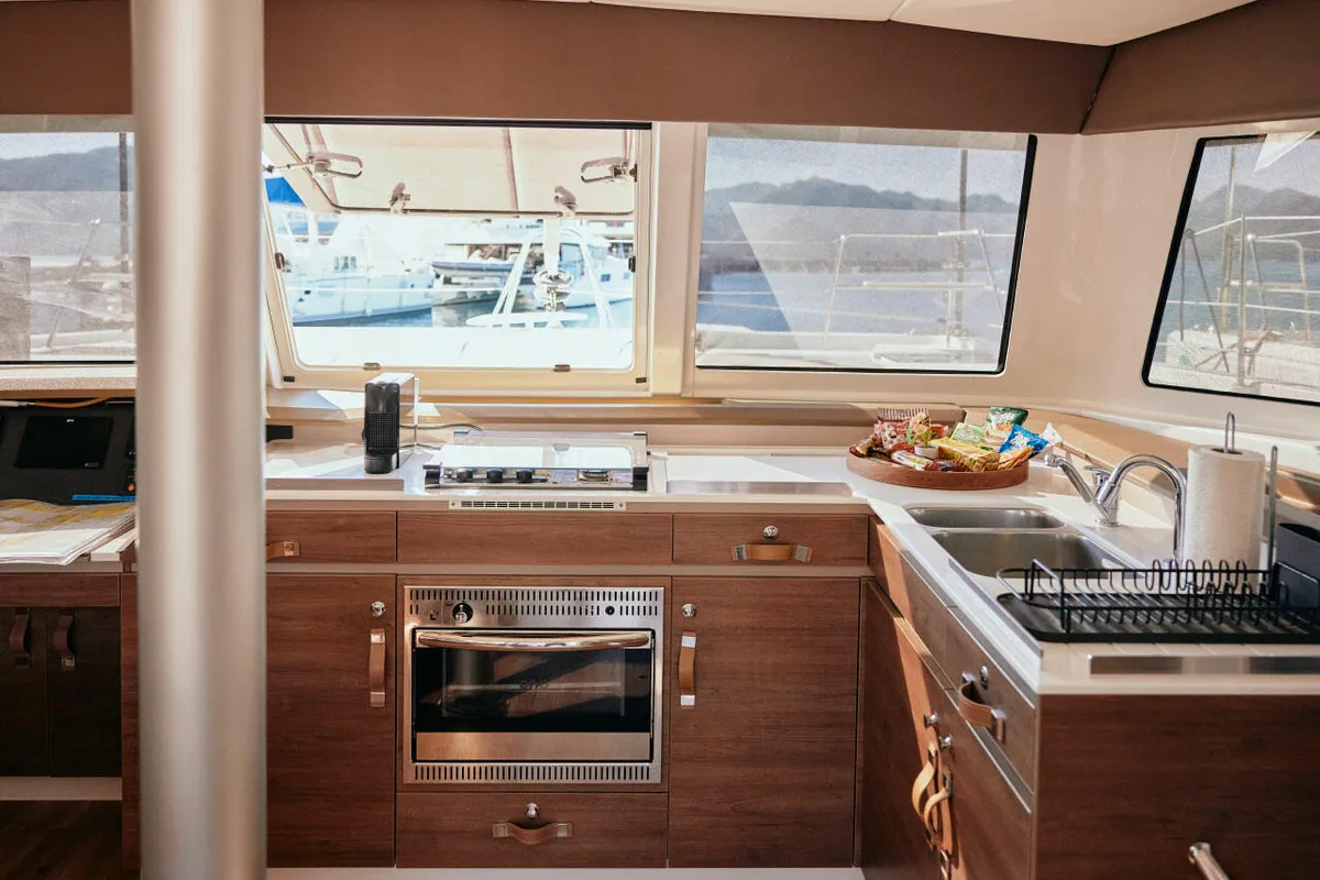 Galley of Ediba Aries, a Bali Catspace catamaran at Marmaris, Turkey