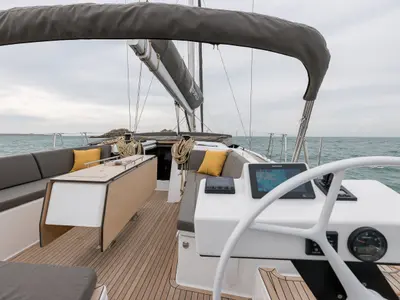 Cockpit of Dufour 470, a sailboat at Ventimiglia, Italy