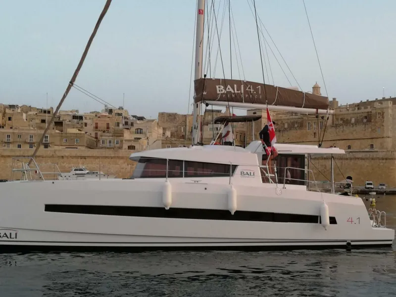 DOUBLE FIVE, a Bali 4.1 catamaran at Kalkara, Malta