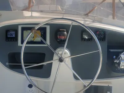 Cockpit of Alboran Cachaça (Radazul), a Fountaine Pajot Bahia 46 catamaran at El Rosario, Spain