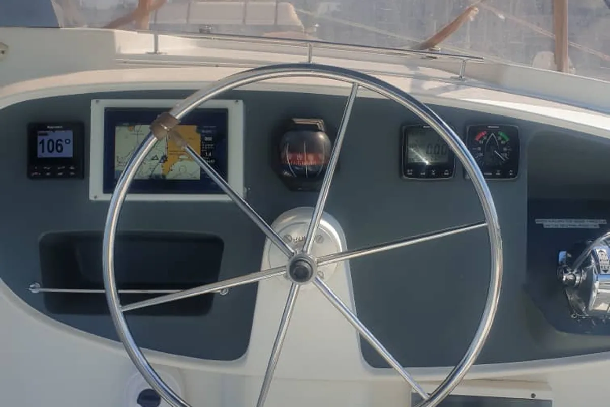 Cockpit of Alboran Cachaça (Radazul), a Fountaine Pajot Bahia 46 catamaran at El Rosario, Spain