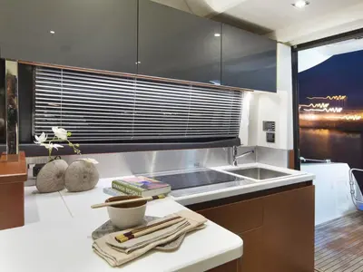 Galley of Beni, a Prestige 450 motorboat at Giardini Naxos, Italy