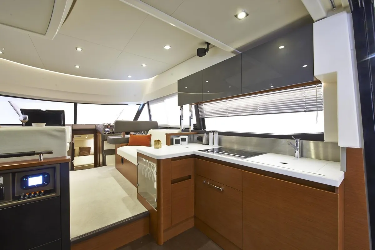 Galley of Beni, a Prestige 450 motorboat at Giardini Naxos, Italy
