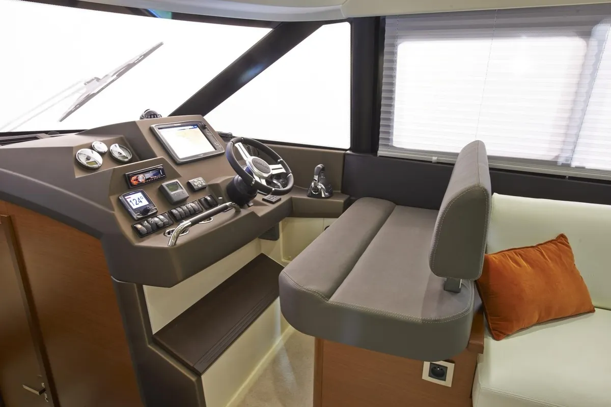 Cockpit of Beni, a Prestige 450 motorboat at Giardini Naxos, Italy
