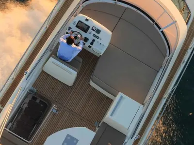 Cockpit of Beni, a Prestige 450 motorboat at Giardini Naxos, Italy