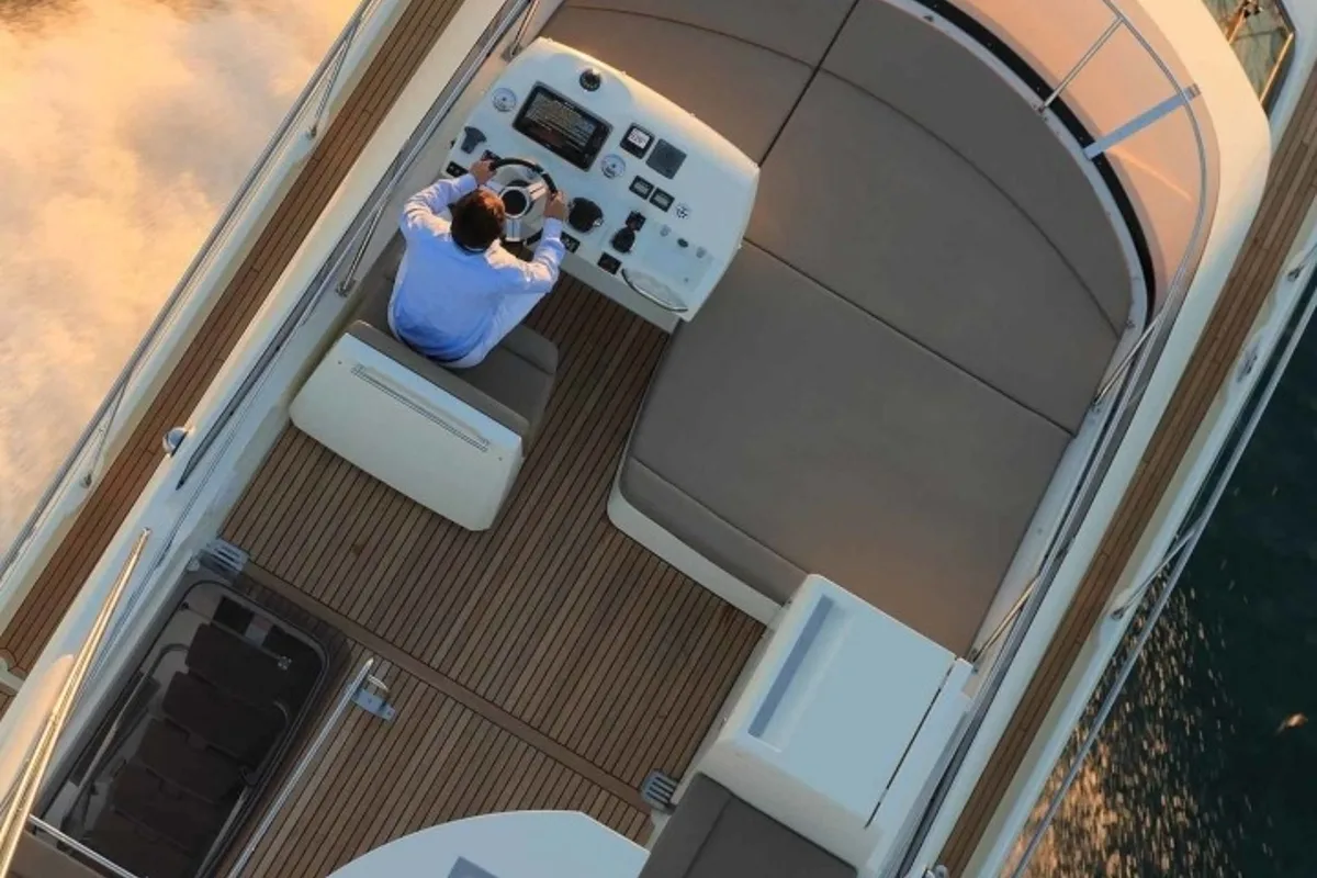 Cockpit of Beni, a Prestige 450 motorboat at Giardini Naxos, Italy