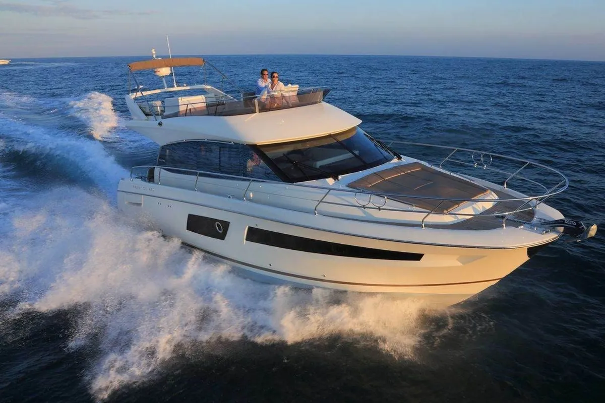 Exterior view of Beni, a Prestige 450 motorboat at Giardini Naxos, Italy