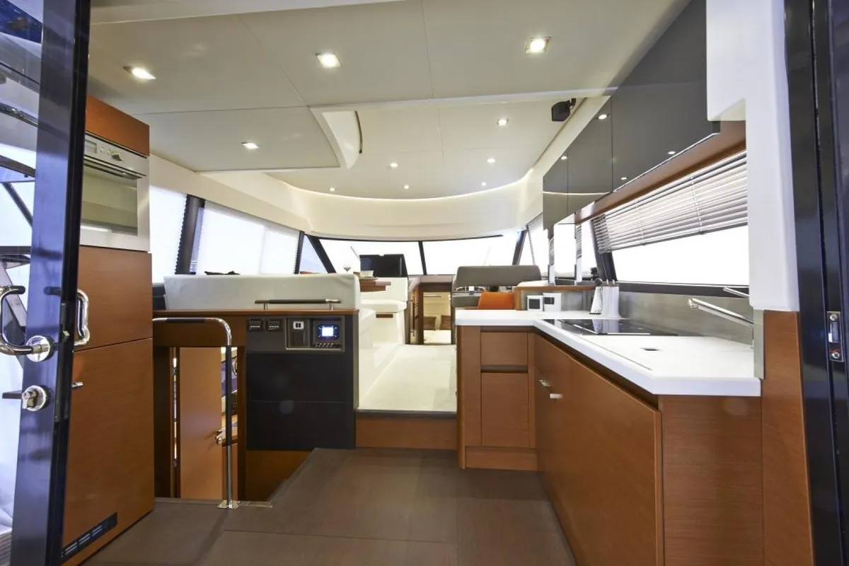 Galley of Beni, a Prestige 450 motorboat at Giardini Naxos, Italy