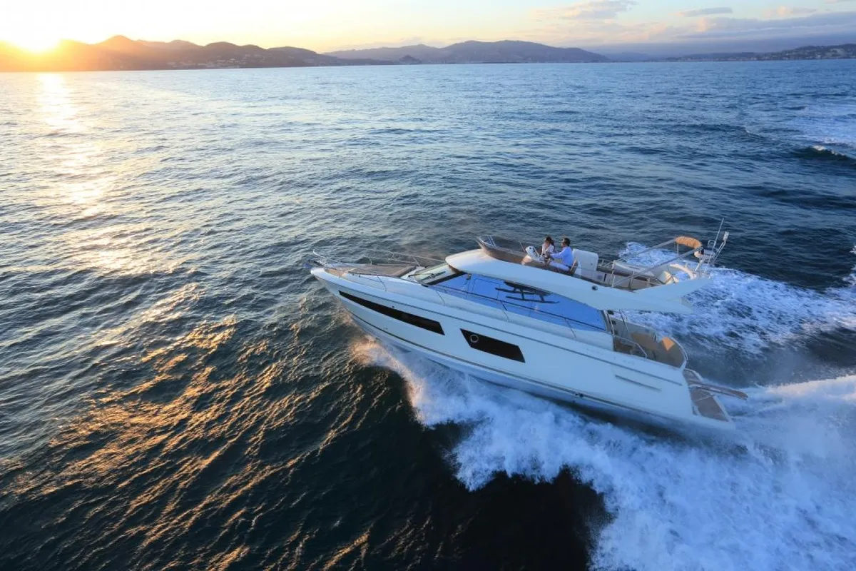 Exterior view of Beni, a Prestige 450 motorboat at Giardini Naxos, Italy