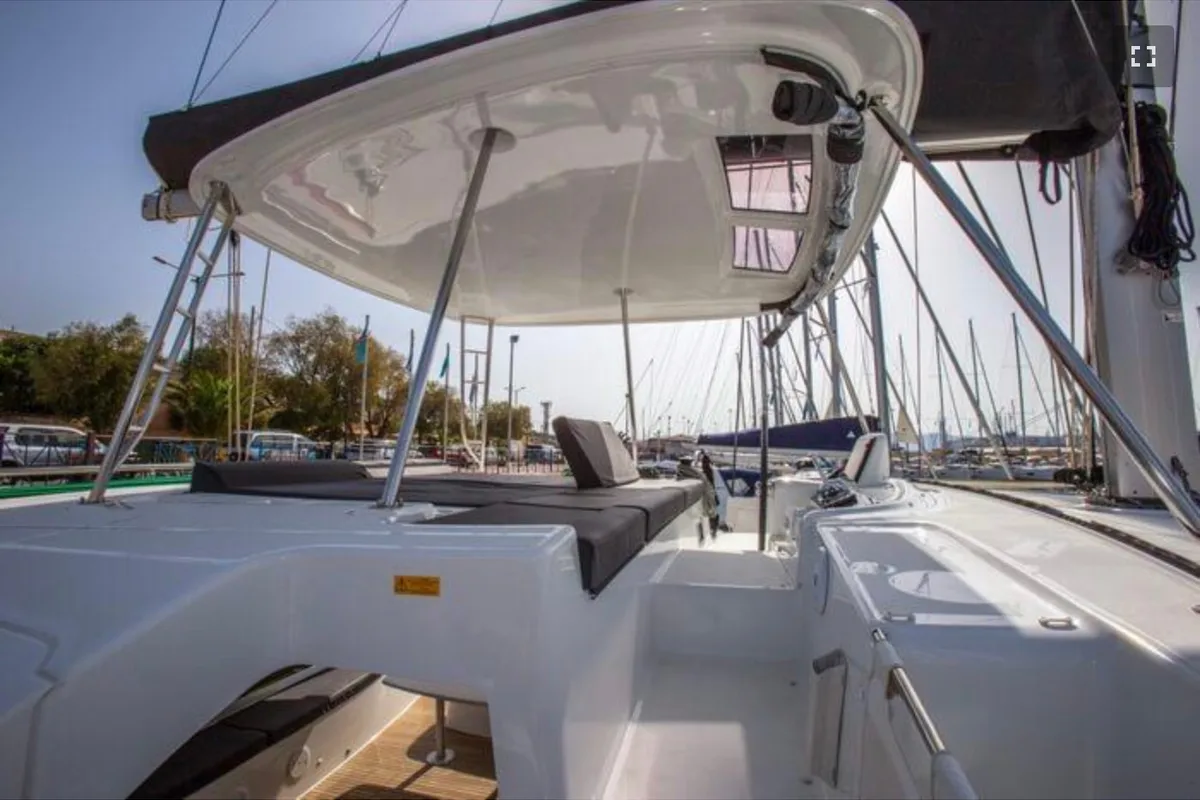 Deck of Pegasus, a Lagoon 46 catamaran at Propriano, France