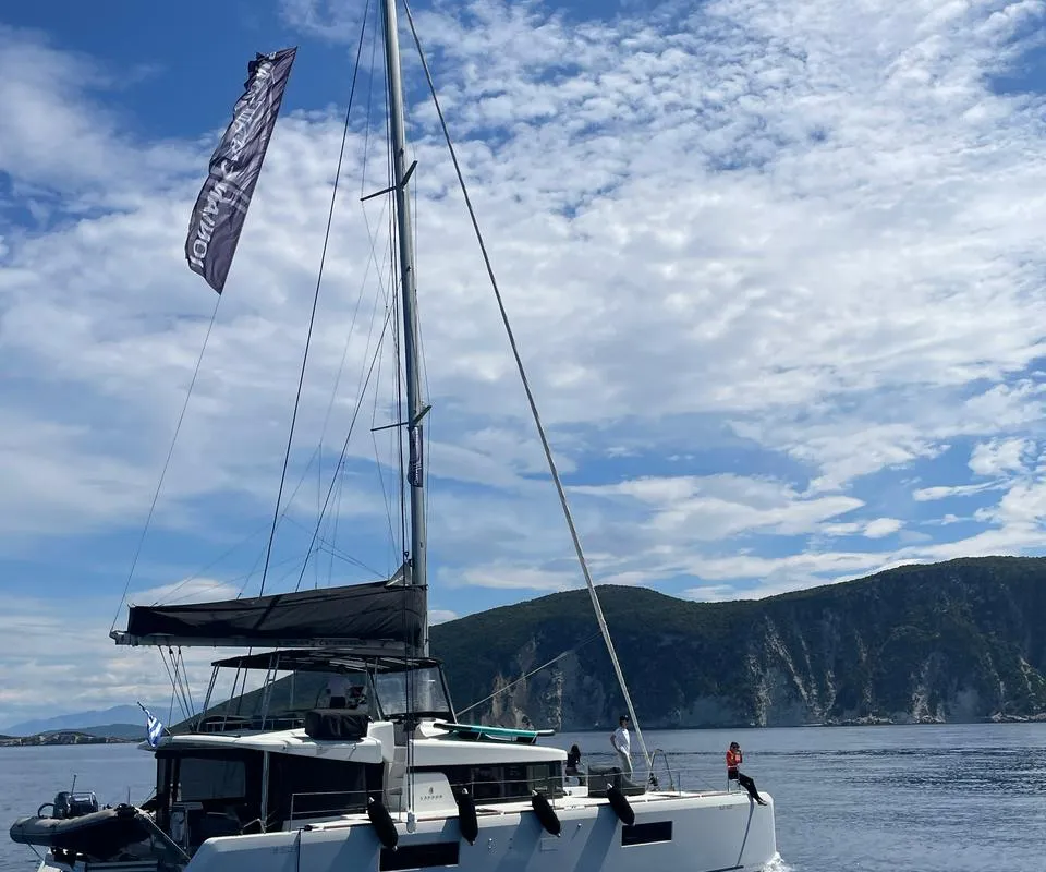 Exterior view of Blue Velvet, a Lagoon 52 F catamaran at Municipal Unit of Lefkada, Greece