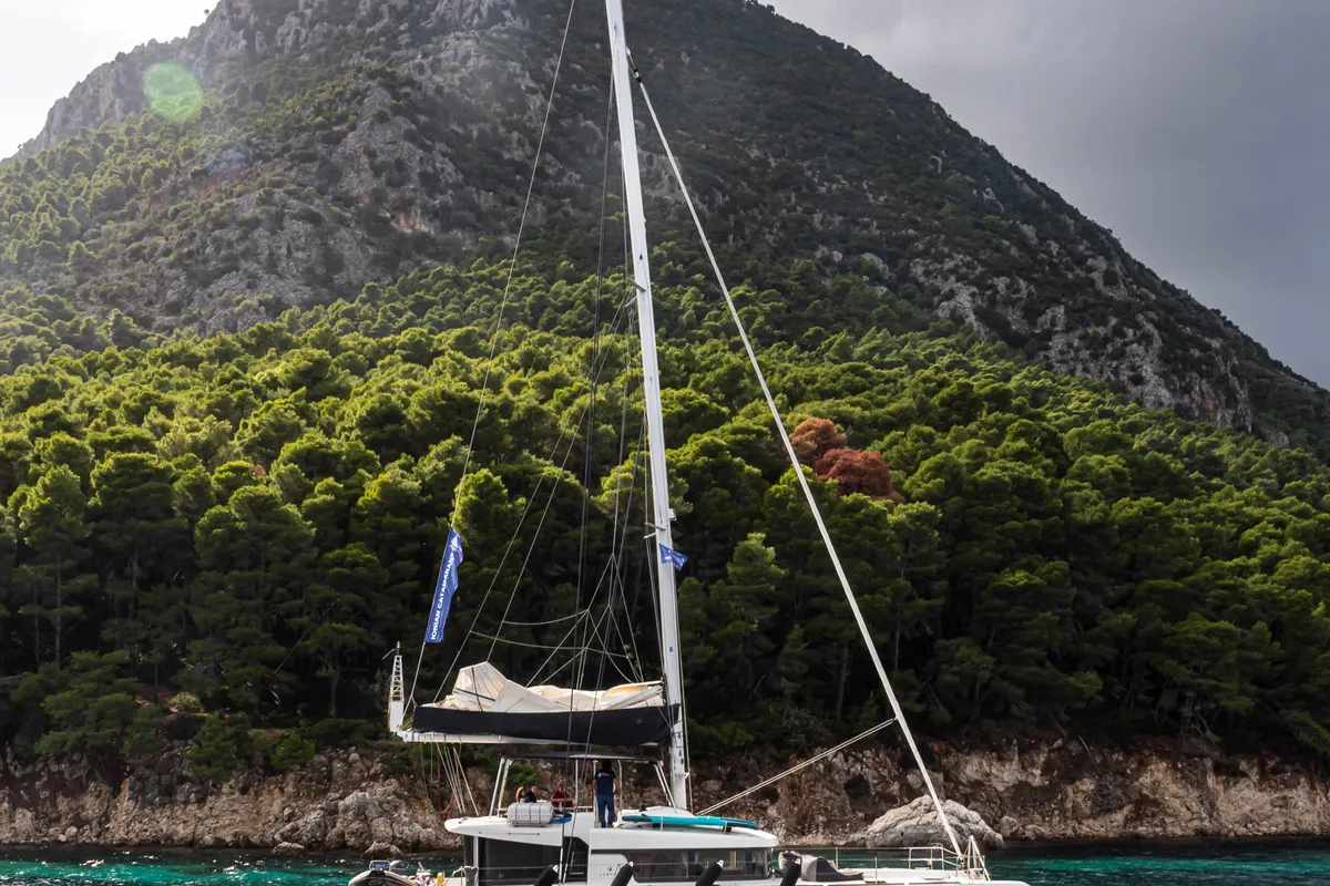 Exterior view of Blue Velvet, a Lagoon 52 F catamaran at Municipal Unit of Lefkada, Greece