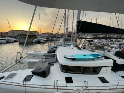 Deck of Blue Velvet, a Lagoon 52 F catamaran at Municipal Unit of Lefkada, Greece