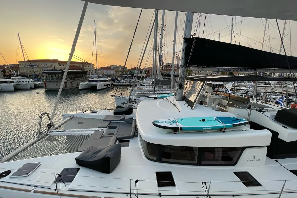 Deck of Blue Velvet, a Lagoon 52 F catamaran at Municipal Unit of Lefkada, Greece