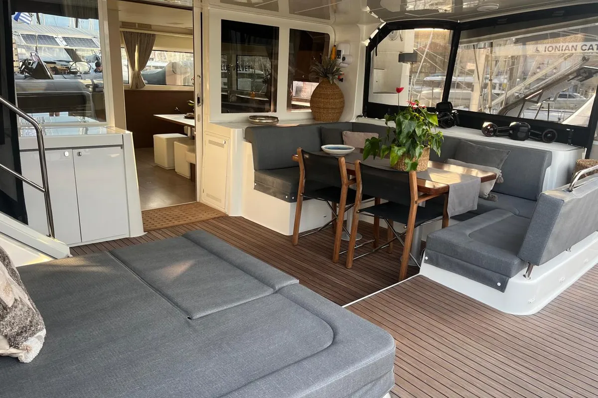 Deck of Blue Velvet, a Lagoon 52 F catamaran at Municipal Unit of Lefkada, Greece