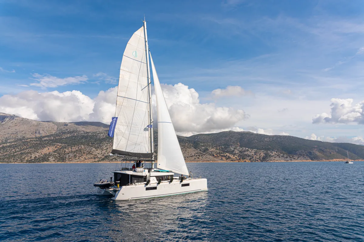 Exterior view of Blue Velvet, a Lagoon 52 F catamaran at Municipal Unit of Lefkada, Greece