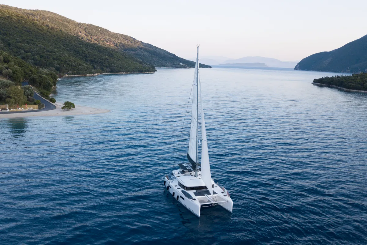 Exterior view of Blue Velvet, a Lagoon 52 F catamaran at Municipal Unit of Lefkada, Greece