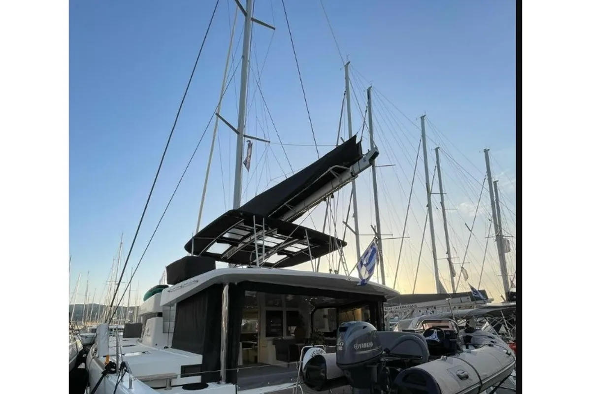 Exterior view of Blue Velvet, a Lagoon 52 F catamaran at Municipal Unit of Lefkada, Greece