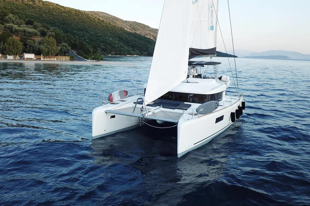 Exterior view of Blue Velvet, a Lagoon 52 F catamaran at Municipal Unit of Lefkada, Greece