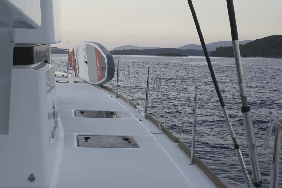 Deck of Blue Velvet, a Lagoon 52 F catamaran at Municipal Unit of Lefkada, Greece