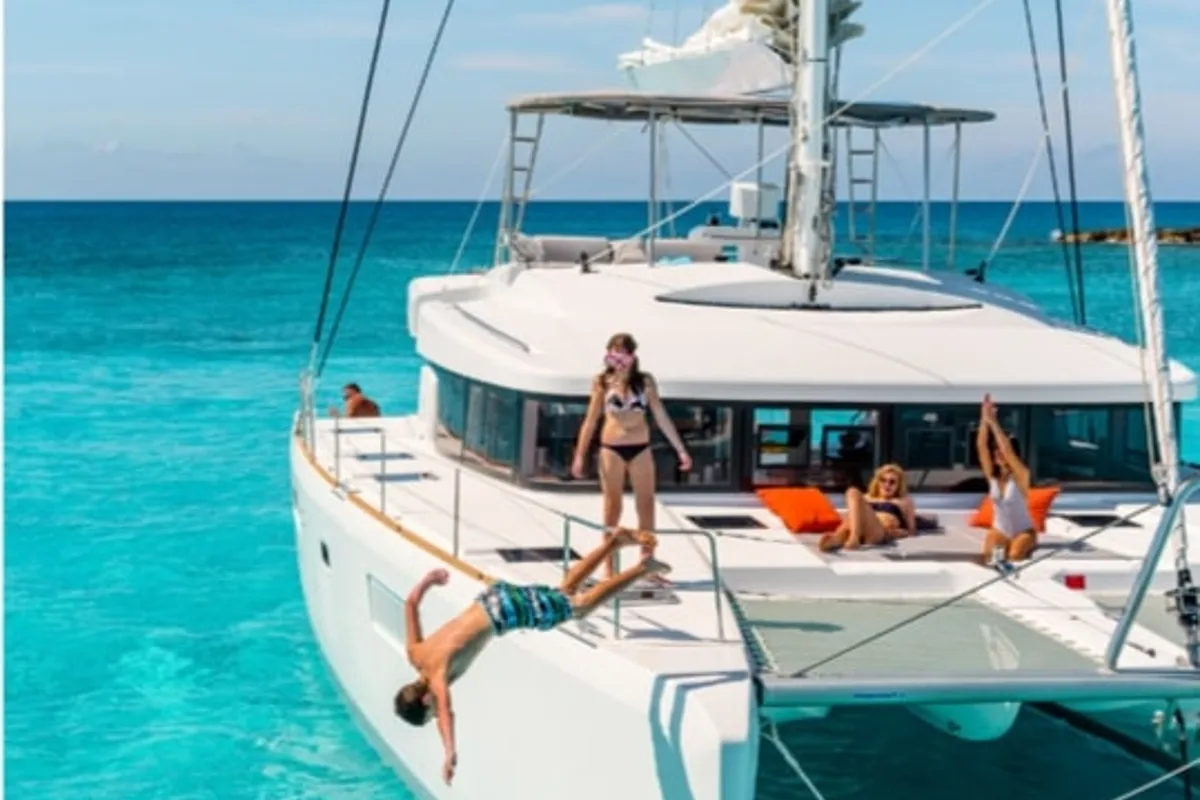 Exterior view of Blue Velvet, a Lagoon 52 F catamaran at Municipal Unit of Lefkada, Greece