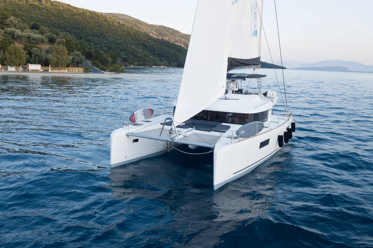 Exterior view of Blue Velvet, a Lagoon 52 F catamaran at Municipal Unit of Lefkada, Greece