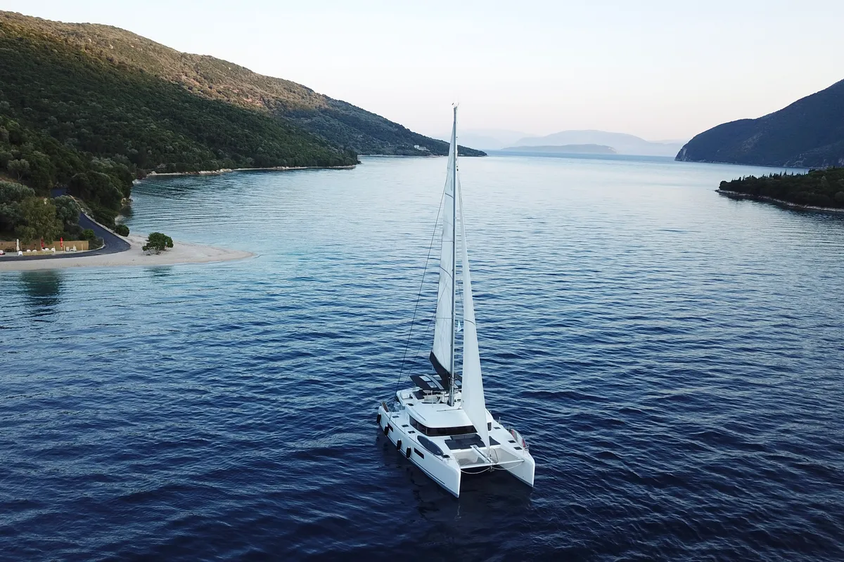 Exterior view of Blue Velvet, a Lagoon 52 F catamaran at Municipal Unit of Lefkada, Greece