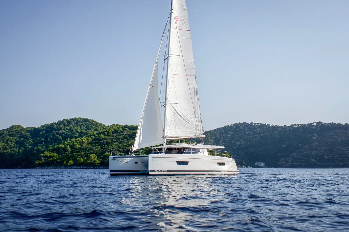 Exterior view of Lounge, a Fountaine Pajot Helia 44 catamaran at Tivat, Montenegro