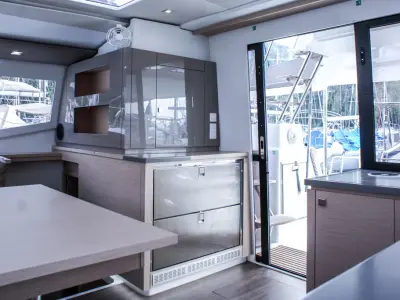 Galley of Lounge, a Fountaine Pajot Helia 44 catamaran at Tivat, Montenegro