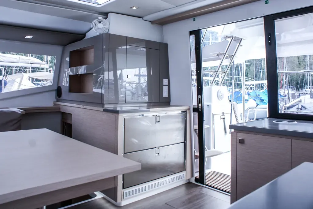 Galley of Lounge, a Fountaine Pajot Helia 44 catamaran at Tivat, Montenegro