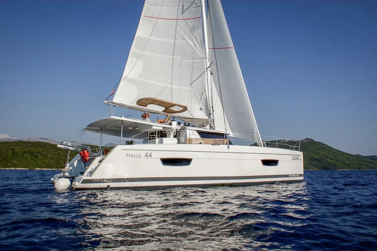 Exterior view of Lounge, a Fountaine Pajot Helia 44 catamaran at Tivat, Montenegro