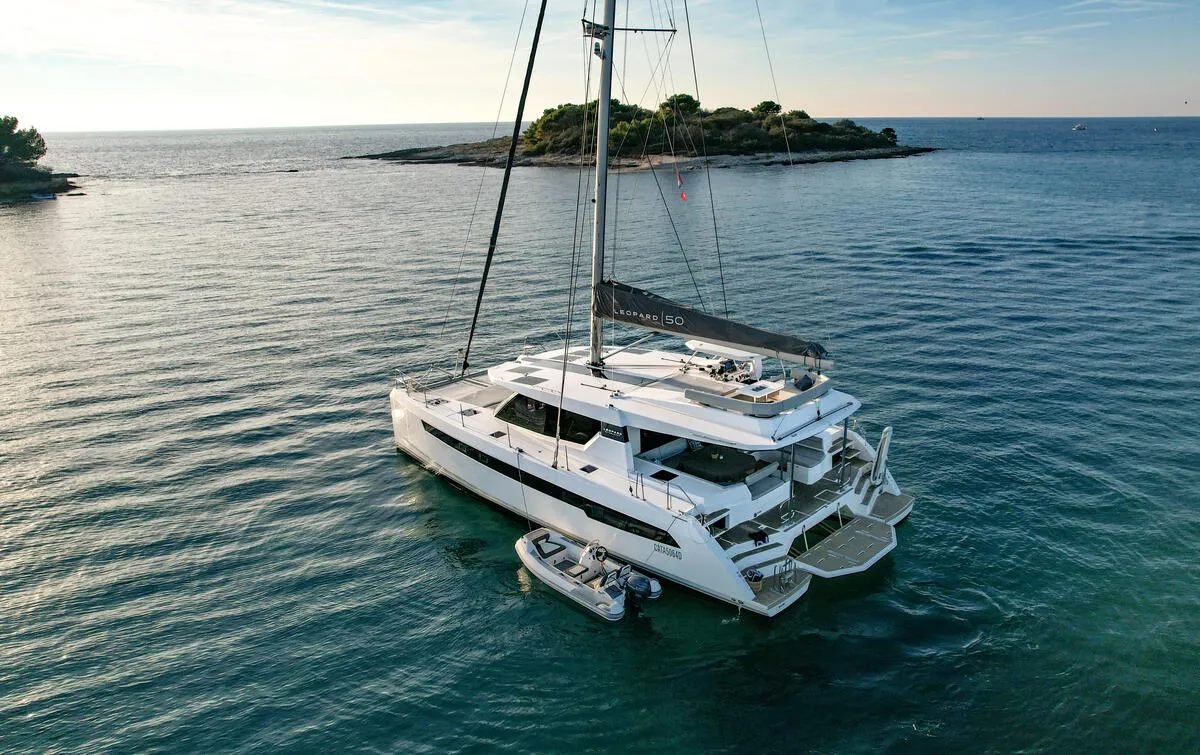 Exterior view of Solaia, a Leopard 50 catamaran at Sukošan, Croatia